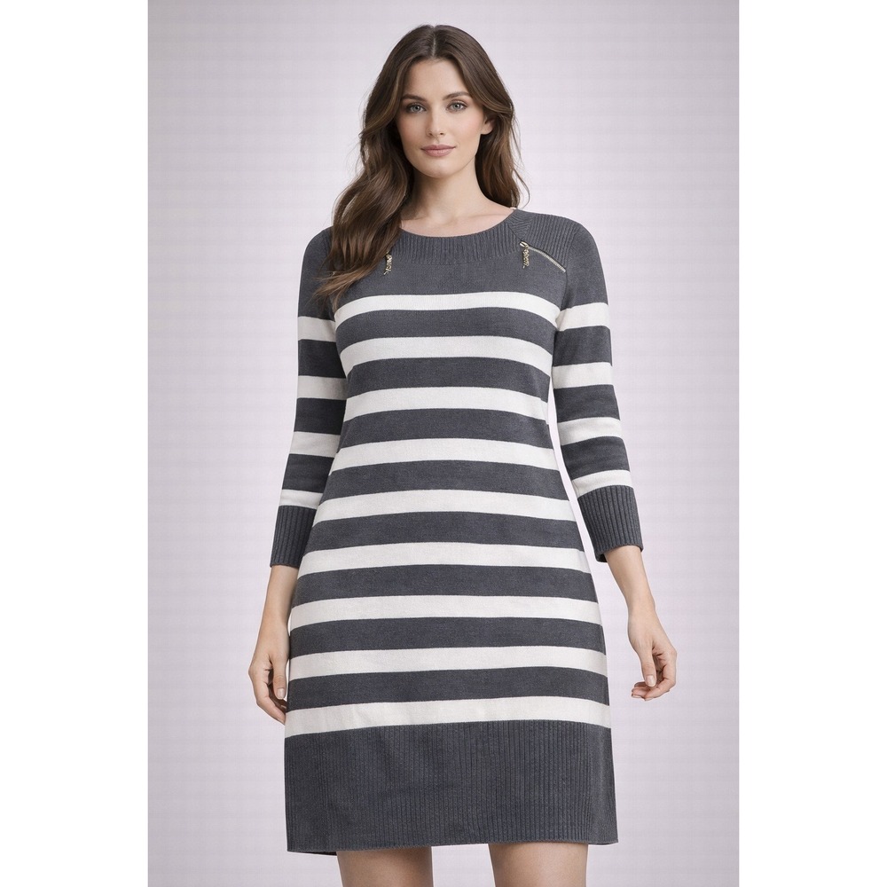 Studio One New‎ York Women's XL Striped Sweater Dress Boat Neck Zippers Acrylic